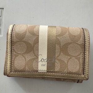 Coach Tan and Gold Signature Stripe Bifold Wallet